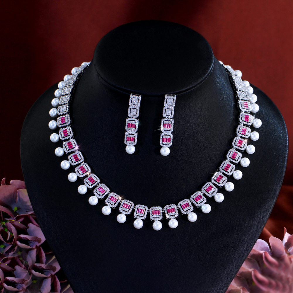 Gold Plated Bridal Jewelry Set 2 Pieces Pearl Rhinestone Necklace And Earrings Elegant Wedding Accessories For Women