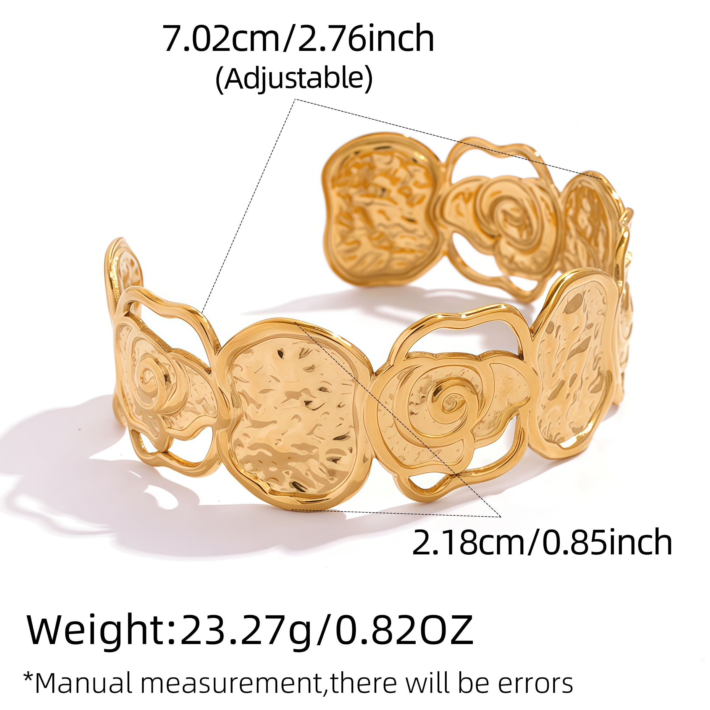 18K Gold Plated 304 Stainless Steel Vacuum Electroplating (In Furnace) Vintage Floral Rose Women's Bracelet Thick Jewelry Accessories Waterproof Non-Fading Asymmetric Three-Dimensional