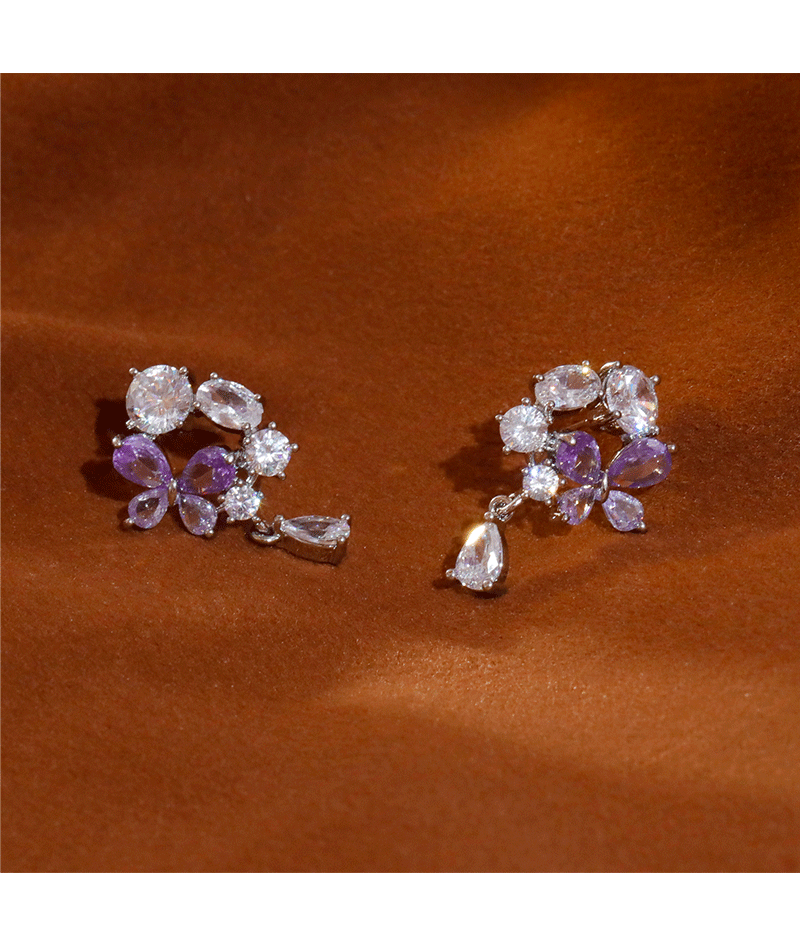 French Romantic Purple Flower Women's Earrings Ultra Sparkling Luxury Zircon Studs Versatile Fashion Jewelry Accessories