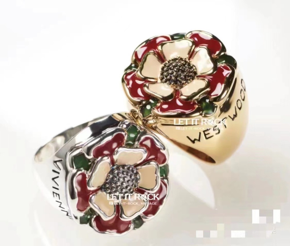 Tudor Enamel Rose Pattern Ring Copper Plated Gold Middle-Aged Revival Style Floral Design Women's Jewelry Accessories