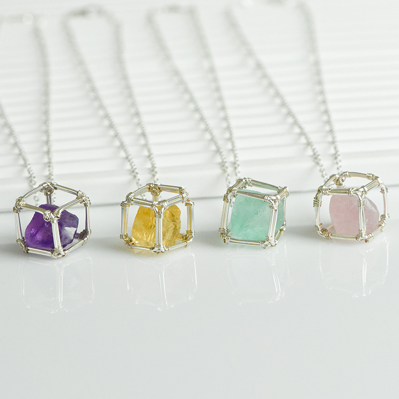 Natural Crystal Raw Stone Pendant Spiral Geometric Pattern Rhodium Plated (Silver) European Style Sugar Powder Purple Yellow Crystal Irregular Stone Necklace Accessories