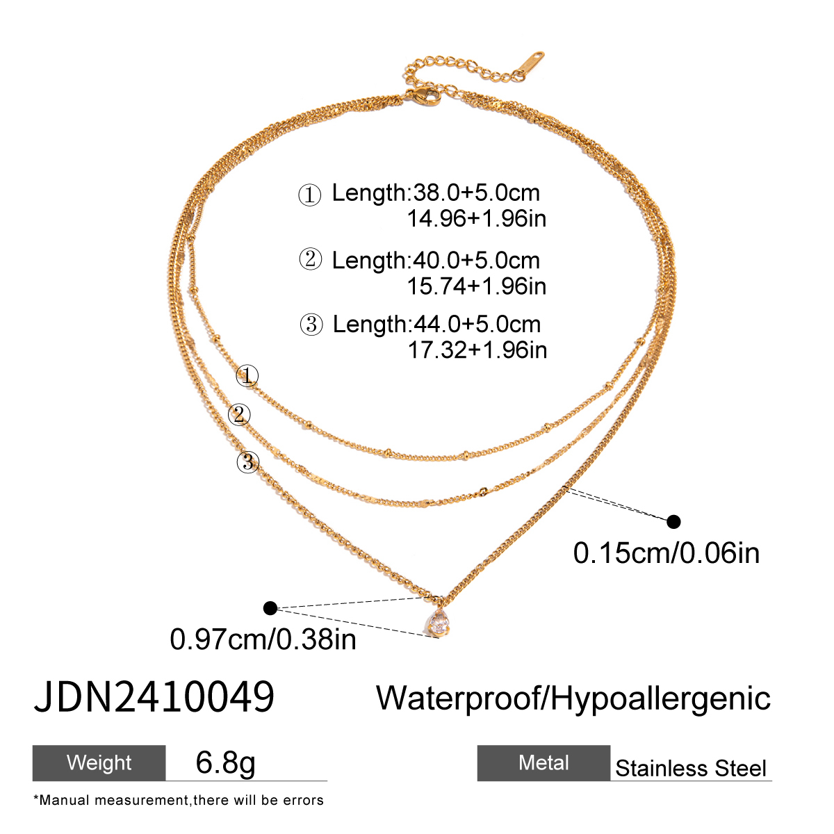 304 Stainless Steel Geometric PVD Coated 18K Real Gold Plated Simple Style Classic Style Cable Chain Three Layer Necklace