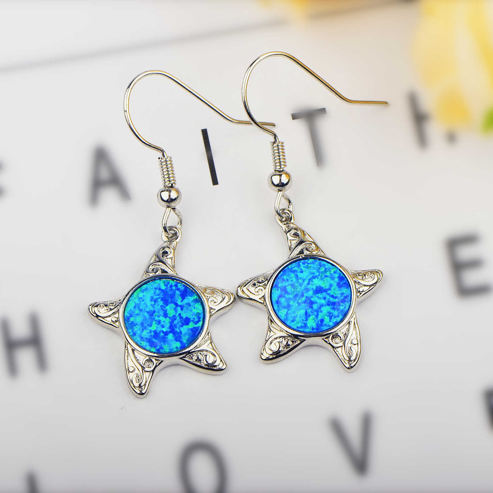 Hawaii Style Blue Opal Starfish Earrings Beach Theme Copper Material Unisex Ins Style Animal Pattern Jewelry Accessories