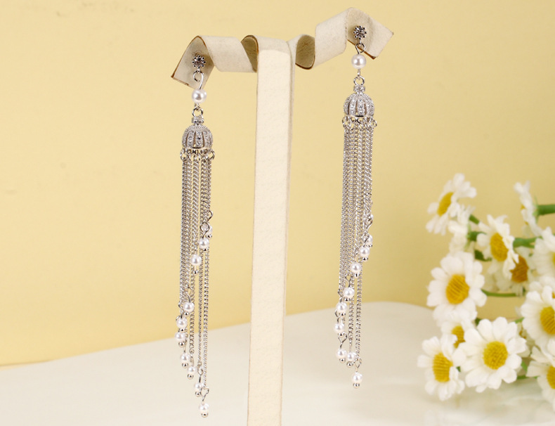 Long Tassel Pearl Crown Earrings Women's Accessories Multi-functional Copper Material Rose Gold Plated Minimalist