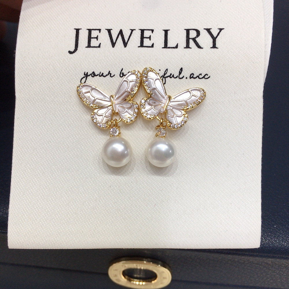 High Quality Natural Freshwater Pearl Earrings Women's Baked Paint Engraved Zircon Butterfly Elegant Jewelry Accessories