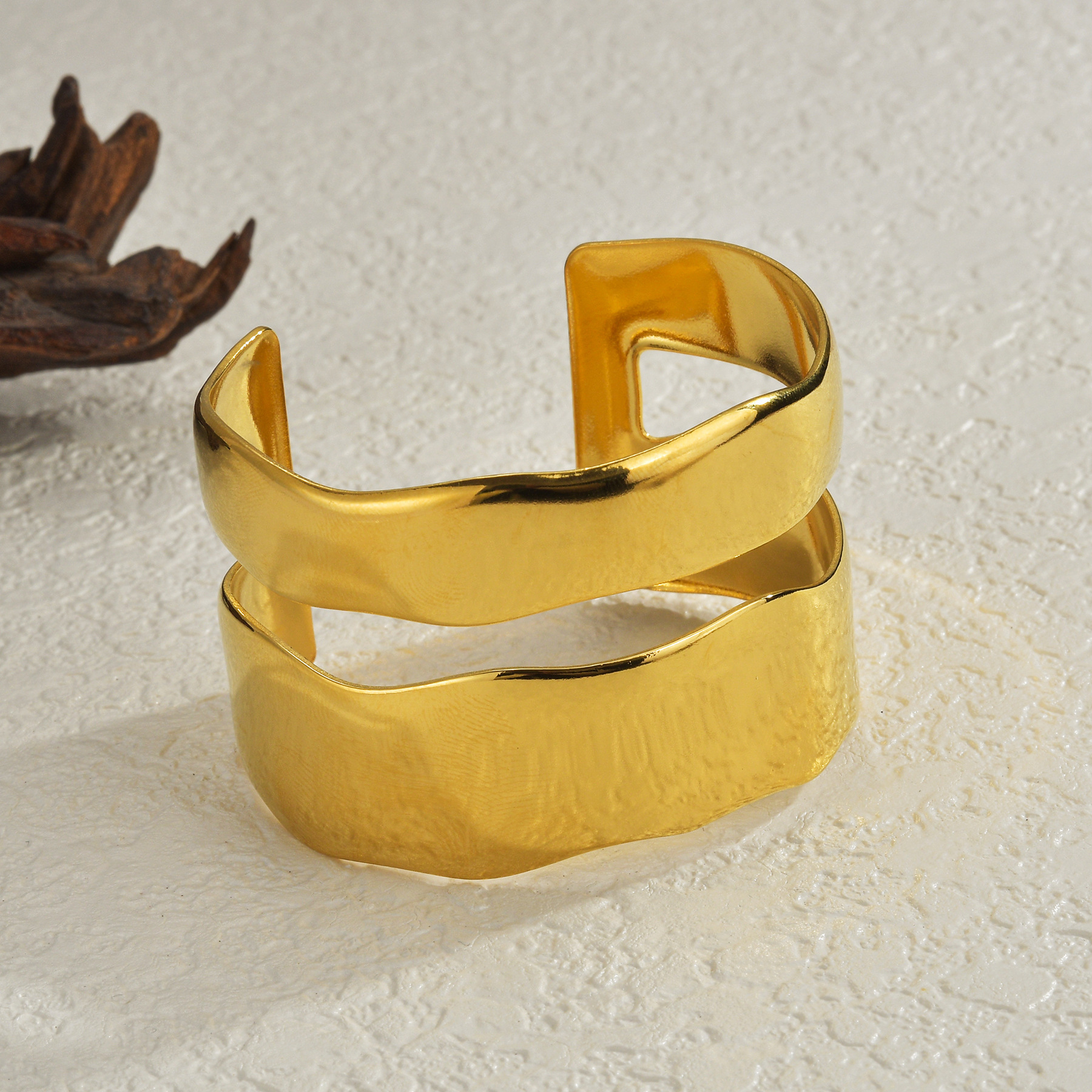 Double Layer Wide Opening Bangle Design Stainless Steel Plated 18K Gold Chemical Jewelry Accessories