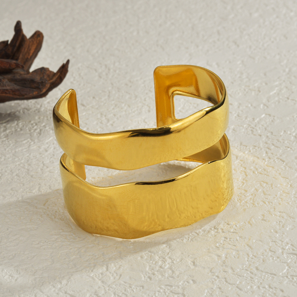 Double Layer Wide Opening Bangle Design Stainless Steel Plated 18K Gold Chemical Jewelry Accessories