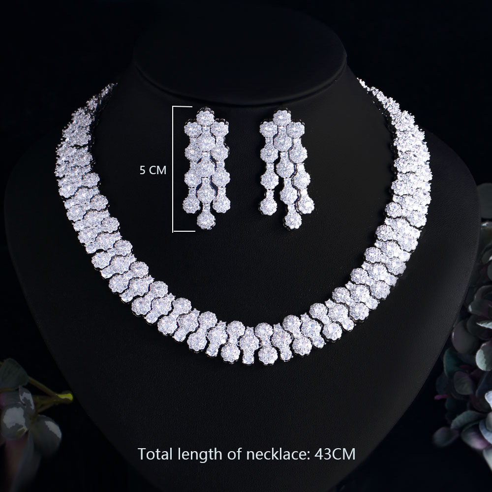 Copper Square Water Droplets Electroplating Zircon Palladium Plating Elegant Bridal Inlay Silver Jewelry Set