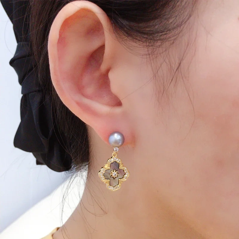 Natural Fresh Water Pearl Earrings Women's French Royal Style Cross Pearl Stud Earrings Natural Sea Shell Fritillary Inlaid