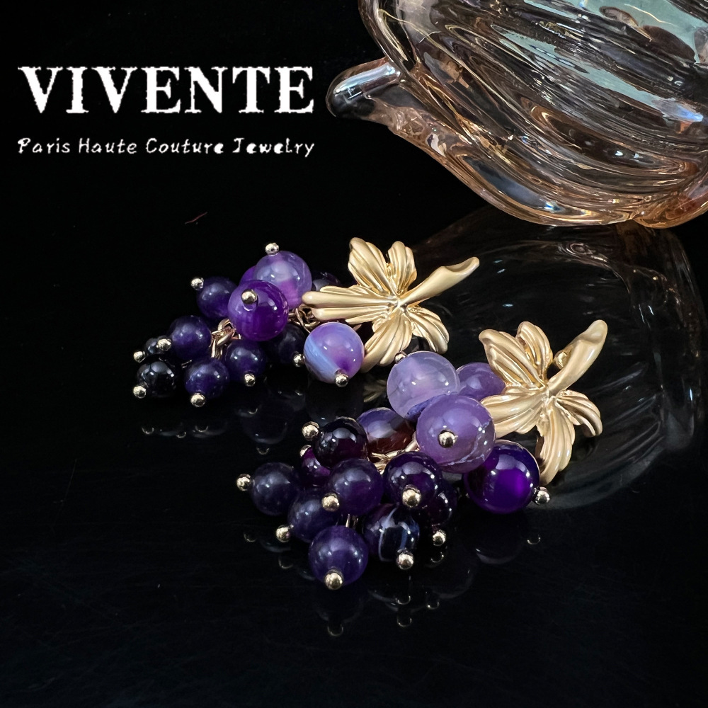 Spanish Grape Earrings Vintage Gold Plated King Stone Purple Crystal Women's Jewelry Accessories Fruit Pattern Gemstone Stud Earrings