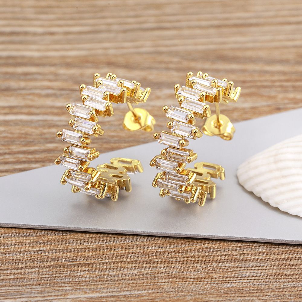 18K Gold Plated Fashionable Irregular Square Zircon Earrings For Women Elegant Copper Alloy Jewelry Accessories