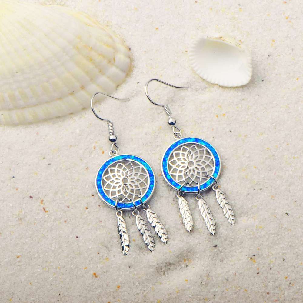 Oceanic Dream Weaving Opal Earrings Beach Girl Sweet Style Geometric Pattern Copper Jewelry Accessories