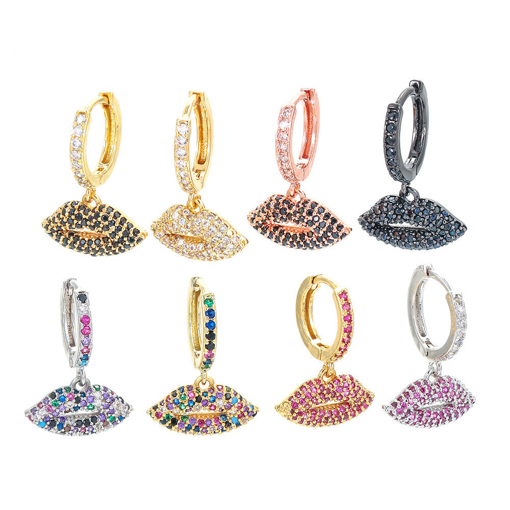Fashion Lip Copper Inlaid Color Zircon Earrings Wholesale