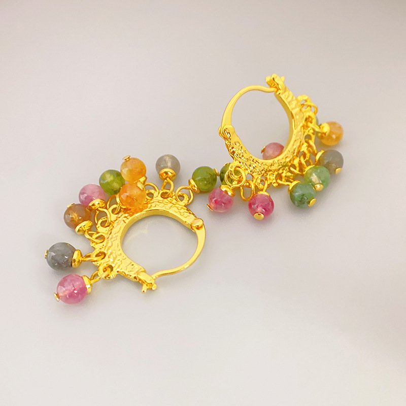 Elegant Chinese Court Style Tassel Topaz Stone Unique Women's Fashionable Versatile Trendy Earrings Geometric Pattern Retro Design