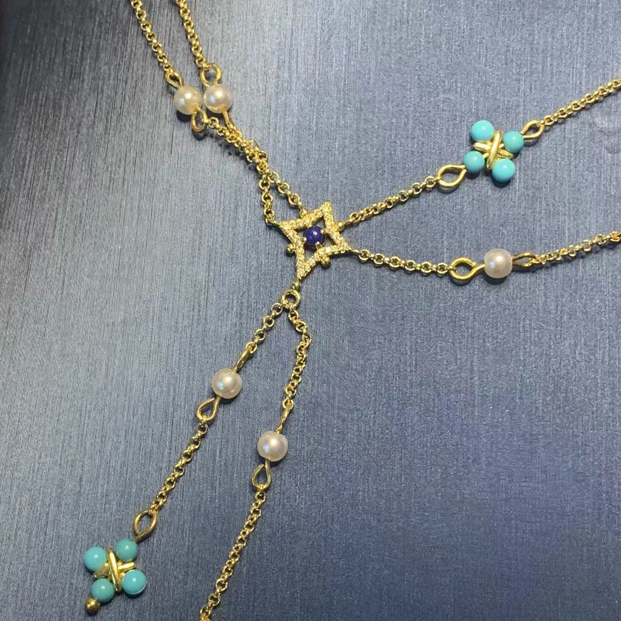 Elegant Green Turquoise Pearl Necklace For Women With Four Leaf Clover Tassel Clavicle Chain Simple Geometric Design Jewelry