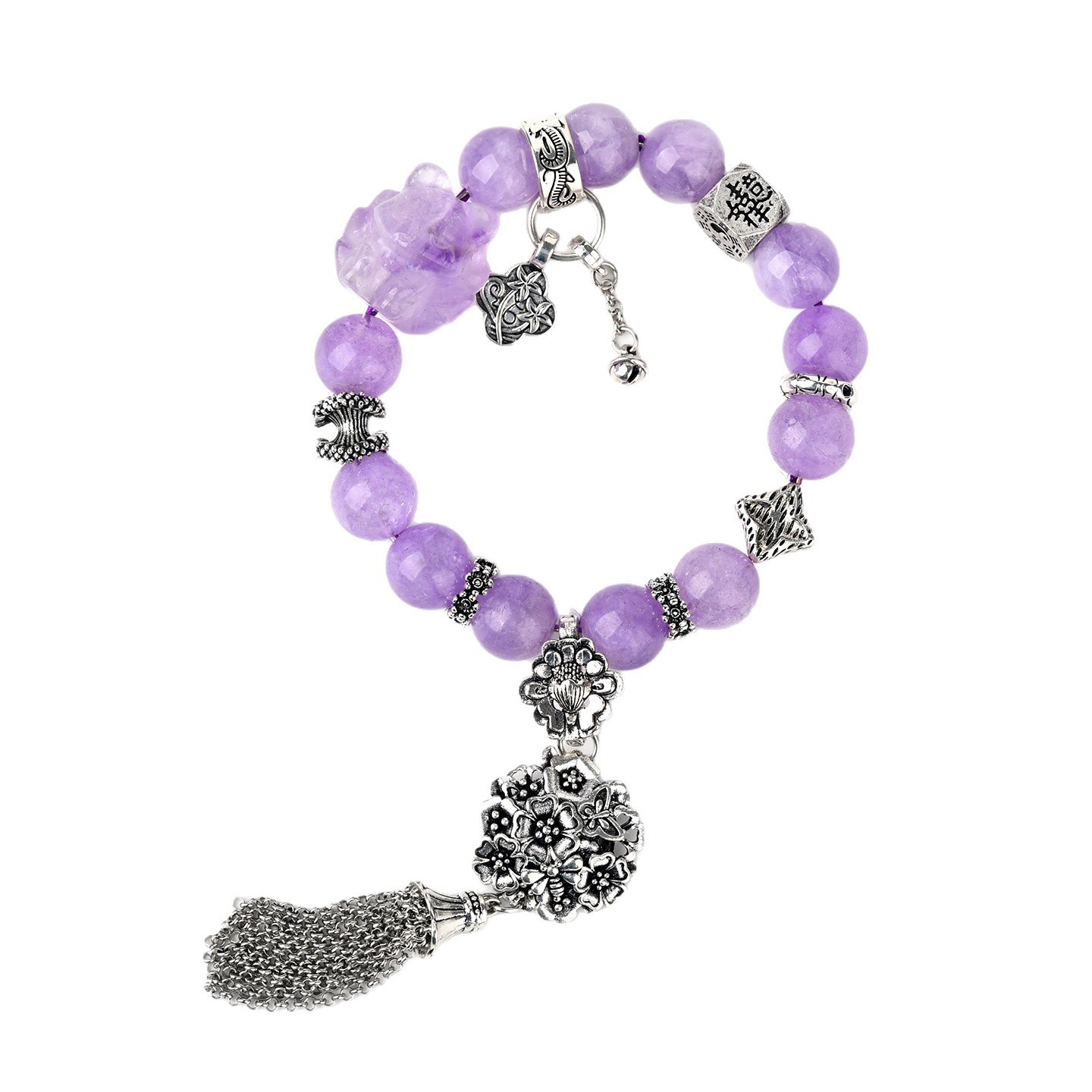 Natural Lavender Quartz Nine-Tailed Fox Bracelet Ladies Style Tassel Artistic Retro Romantic Hand Chain Crystal Fashion