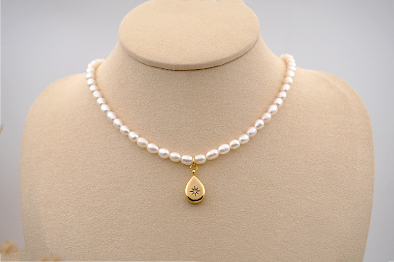 Gold Titanium Steel Water Drop Necklace Freshwater Pearl Retro Collarbone Chain Women's Jewelry Accessories