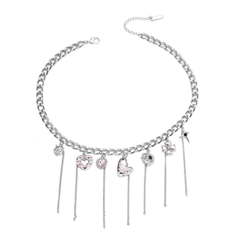 Pink Heart-shaped Tassel Chain Mosaic Necklace For Women Unique Design Cool Clavicle Chain Jewelry Accessories