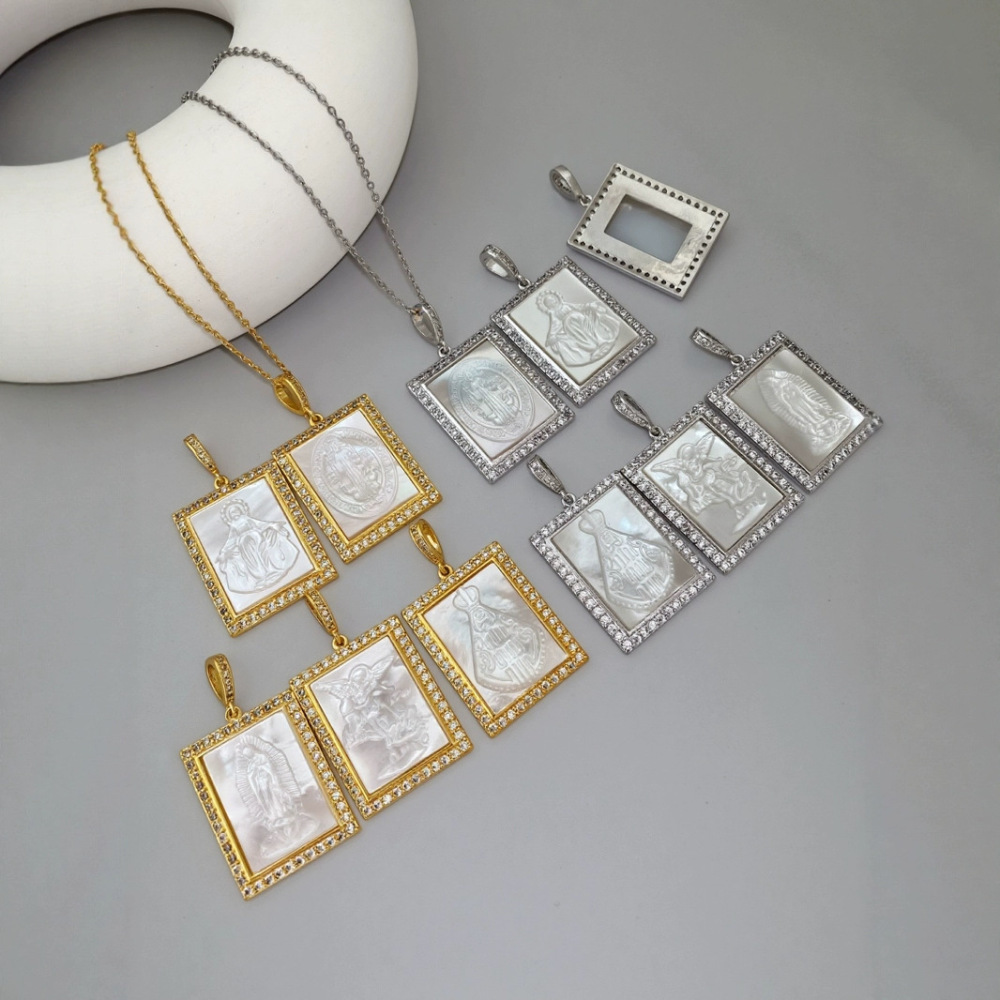 Elegant Shell Pendant Necklace With Zircon Edge Virgin Head Design DIY Accessories  Fashion Label