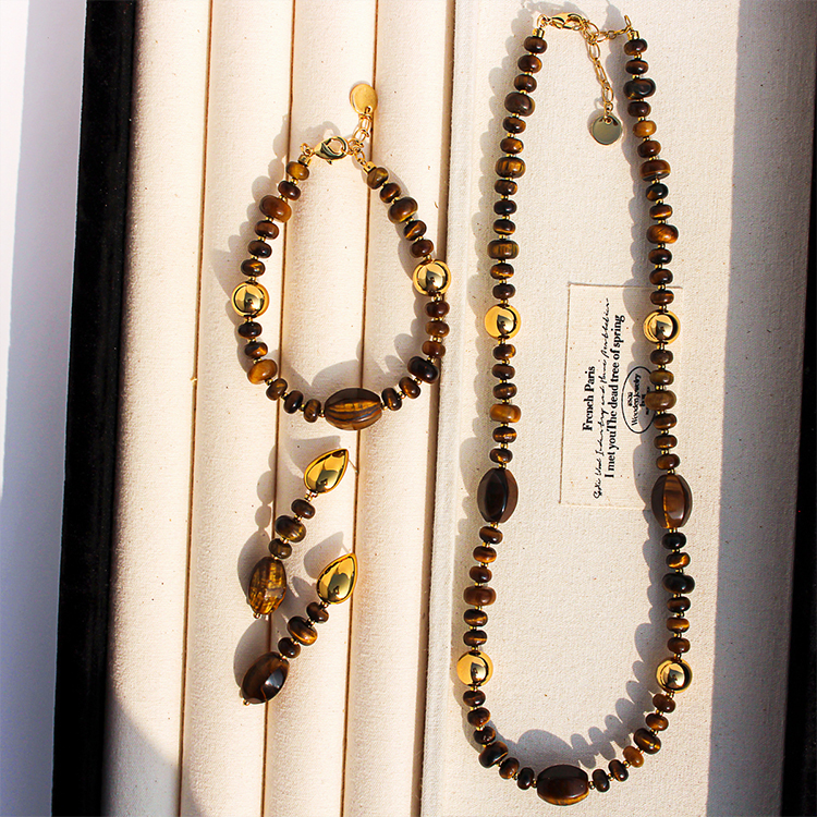 Original Design High-End Natural Tiger Eye Stone Gold Round Bead Necklace Bracelet Waterdrop Earring Set For Ladies Fashion Jewelry Accessories