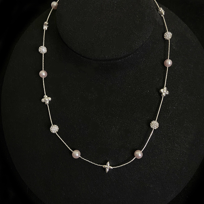 Manta Rose Pearl Flash Diamond Ball Four Leaf Flower French Waist Necklace Women's Layering Versatile Clavicle Chain Geometric Pattern Copper