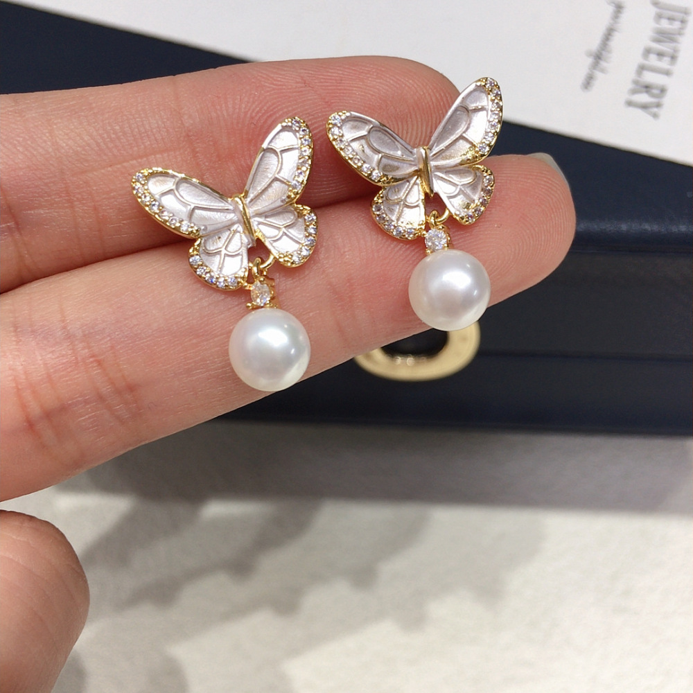 High Quality Natural Freshwater Pearl Earrings Women's Baked Paint Engraved Zircon Butterfly Elegant Jewelry Accessories