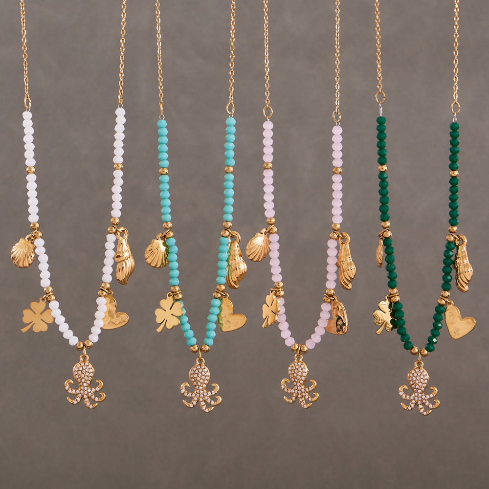 Stainless Steel Multi-Color Beads Necklace DIY Octopus Zircon Shell Heart Pendant Clavicle Chain Luxury Jewelry Accessories