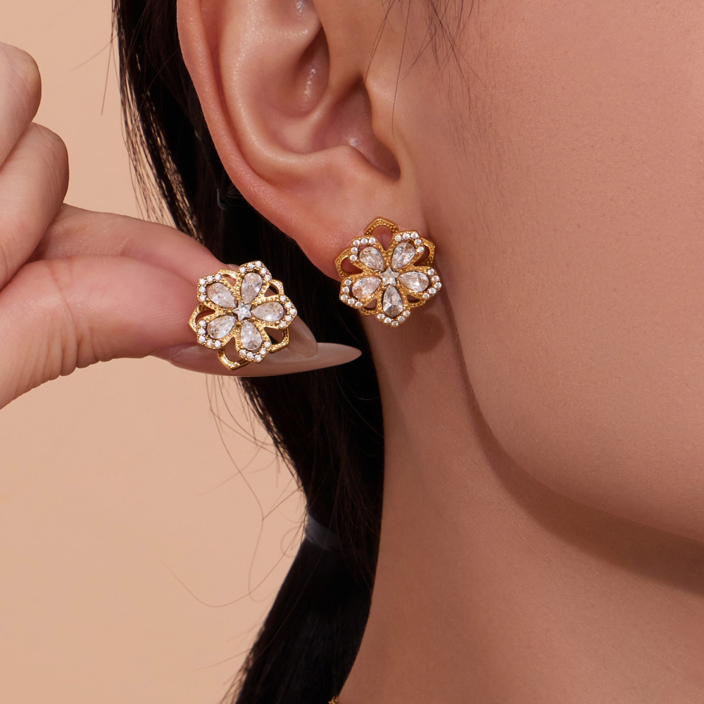 Lucky Flower Zircon 360 Degree Rotating Earrings Ring Necklace Set 18K Gold Plated Jewelry Accessories Elegant Luxury Romantic