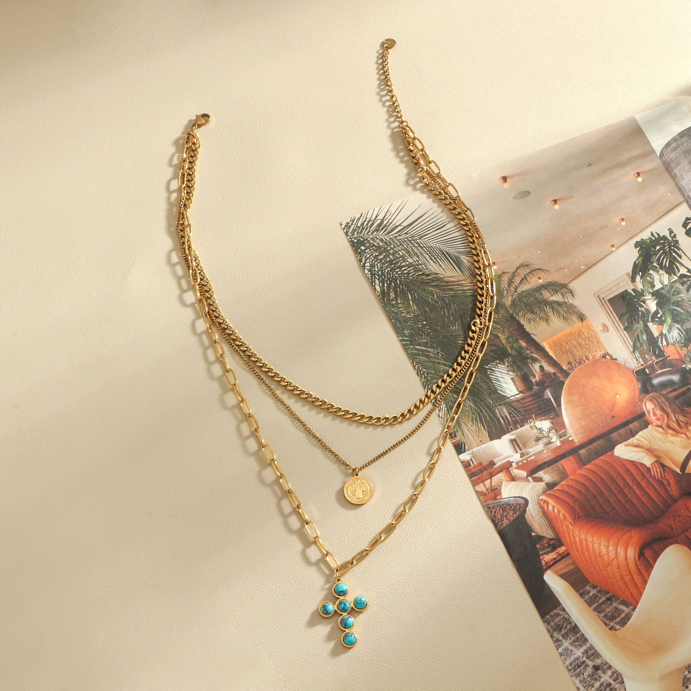 Ion Plating (IP) 18K Gold Plated Real Gold Plated Cross Round 304 Stainless Steel Simple Style Classic Style Waterproof Non Tarnish 304 Stainless Steel Layered Necklaces