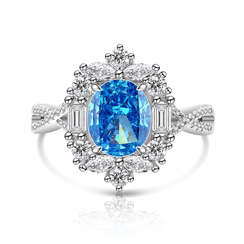 Luxurious High Carbon Diamond 7x9 Pigeon Egg Ice Flower Cut Plated Platinum Ring Fashion Geometric Pattern Live Direct Sale