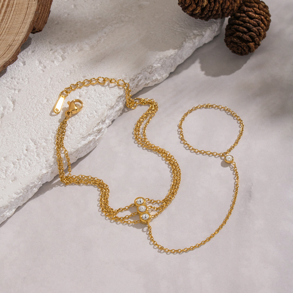 Minimalist Chain Inlaid Zircon Finger Chain Bracelet High-Grade 304 Stainless Steel Jewelry Accessories Non-Fading Women's Geometric Handmade Chain Plated With 18K Real Gold Vacuum Electroplating (Fired In Furnace)