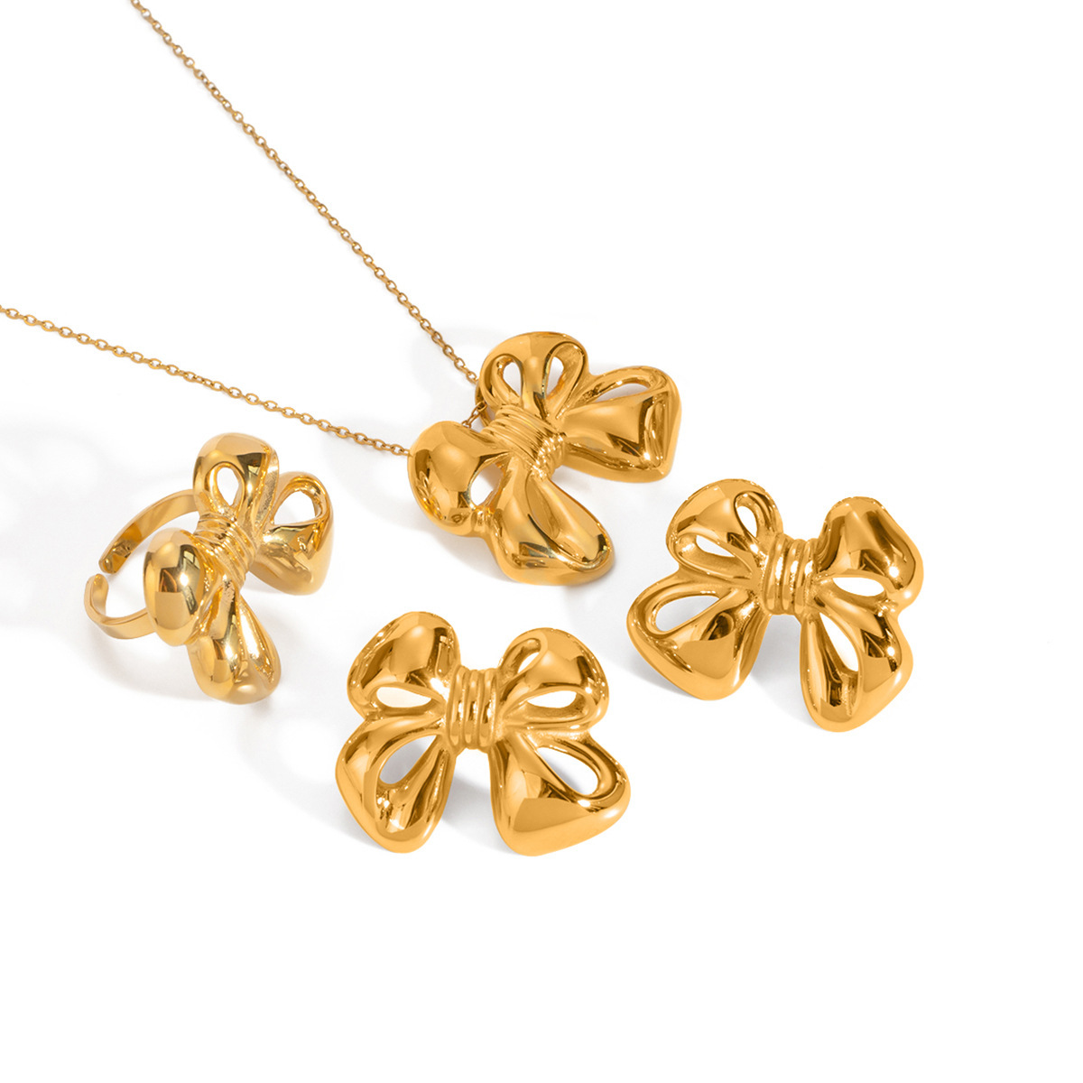 Real Gold Plated 316 Stainless Steel  PVD Coated Bow Knot Waterproof Non Tarnish Elegant Romantic O-ring Chain Small Stud Earrings Rings Necklace For Women's