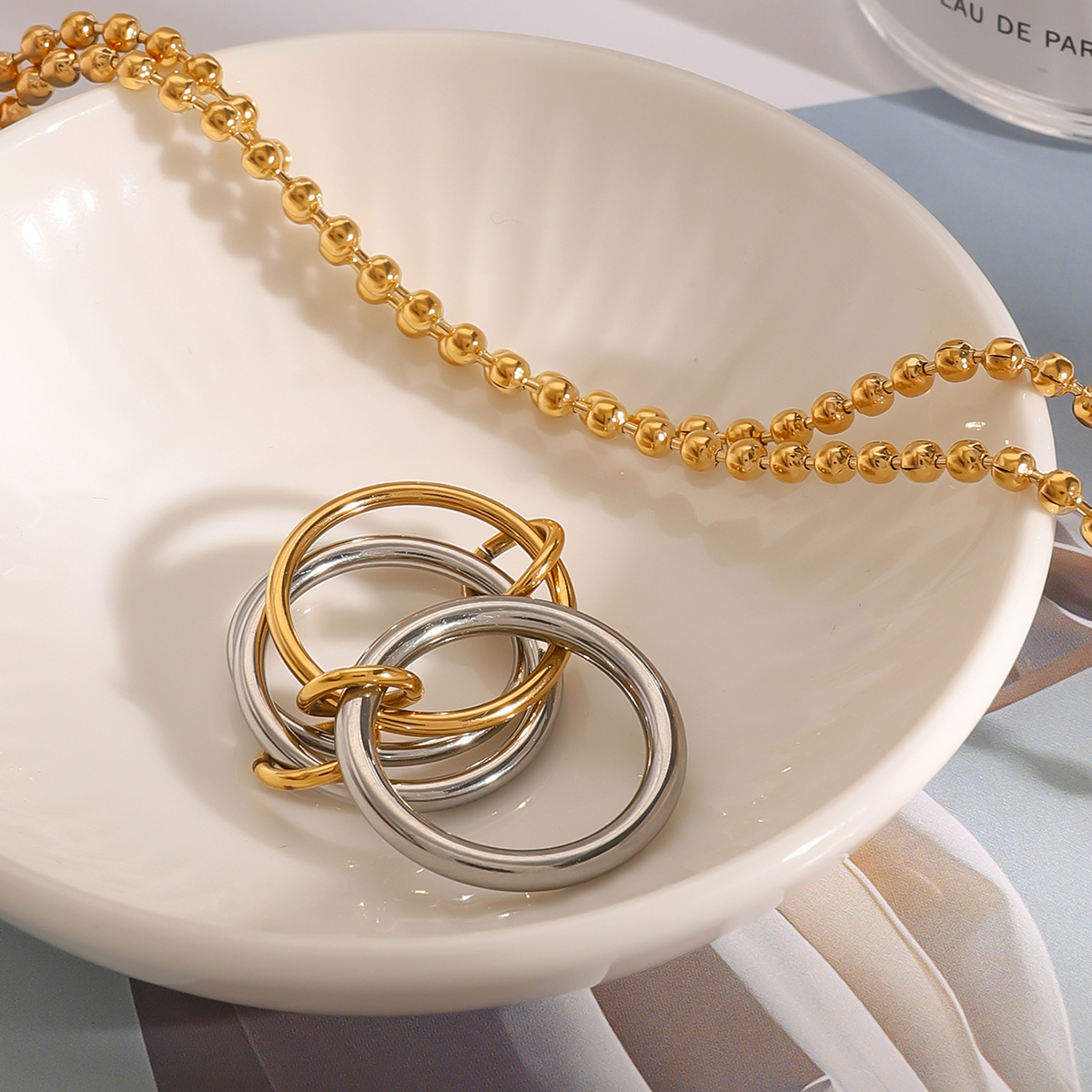 304 Stainless Steel Round PVD Coated 18K Real Gold Plated Classic Style Mixed Metal Rings