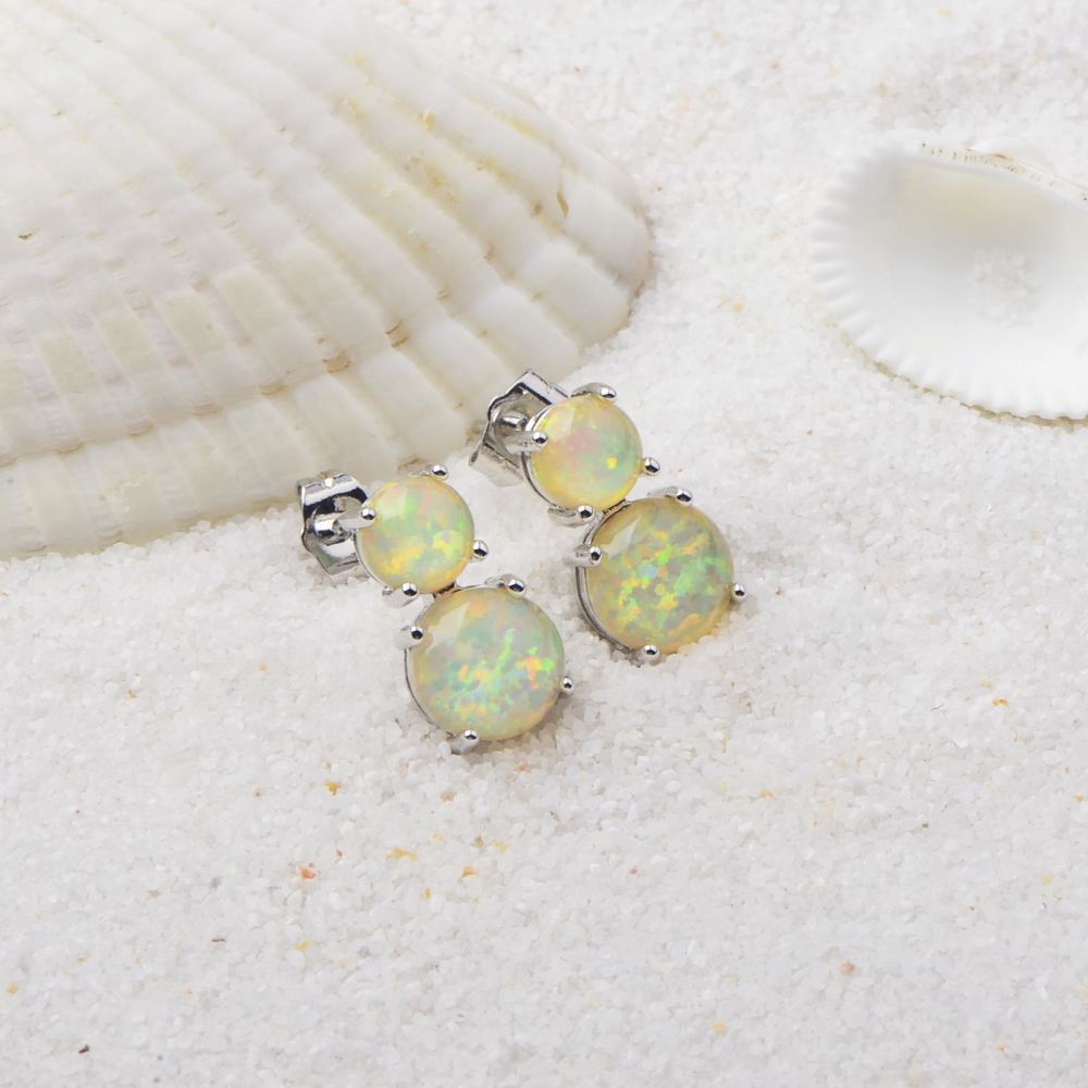 Cute Girl's Blue Opal Round Earrings Bohemian Style Flower Print Copper Jewelry Simple Craftsmanship Elegant Fashion Accessories