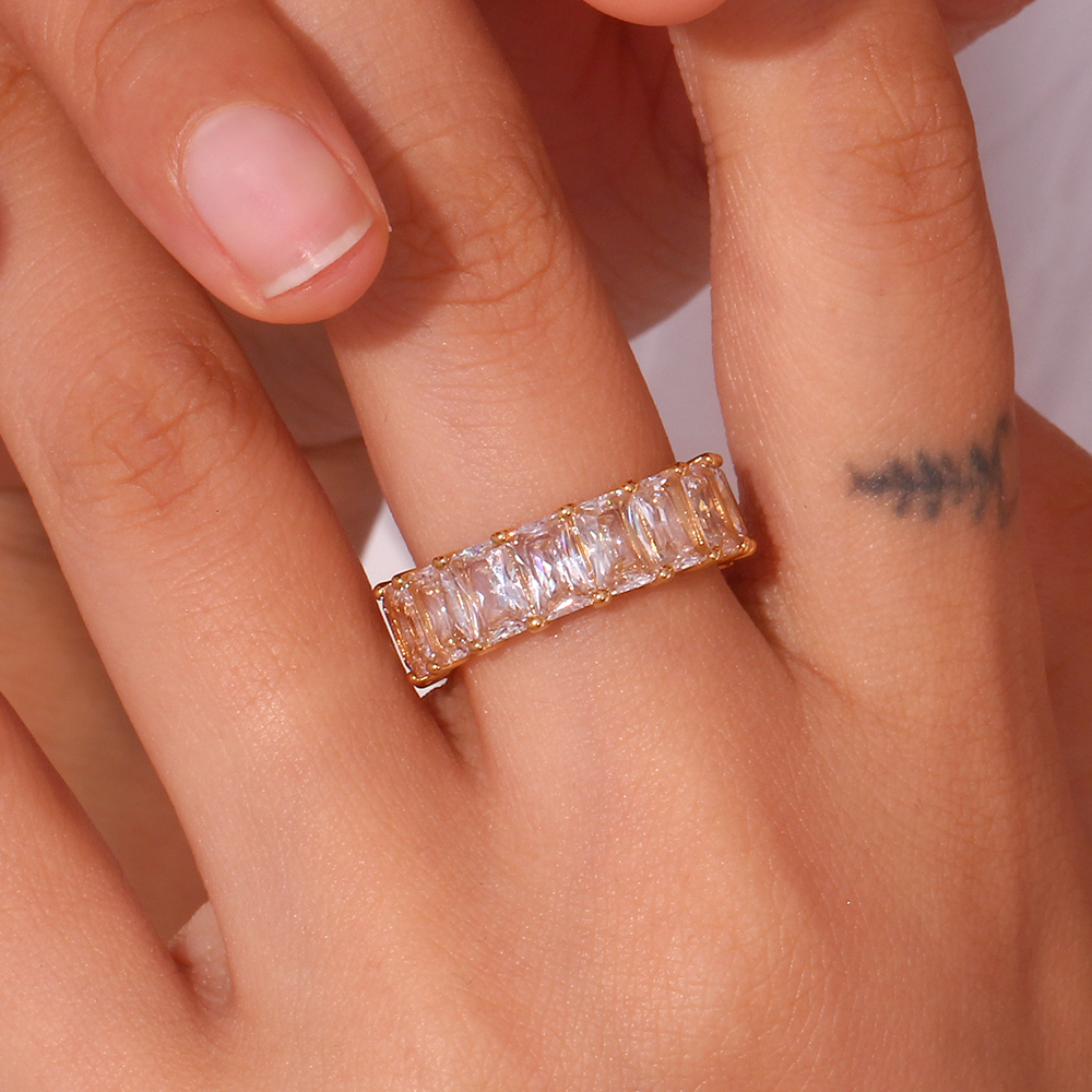 304 Stainless Steel Geometric PVD Coated Zircon 18K Gold Plated Real Gold Plated Basic Simple Style Classic Style Waterproof Non Tarnish Plating Inlay Rings
