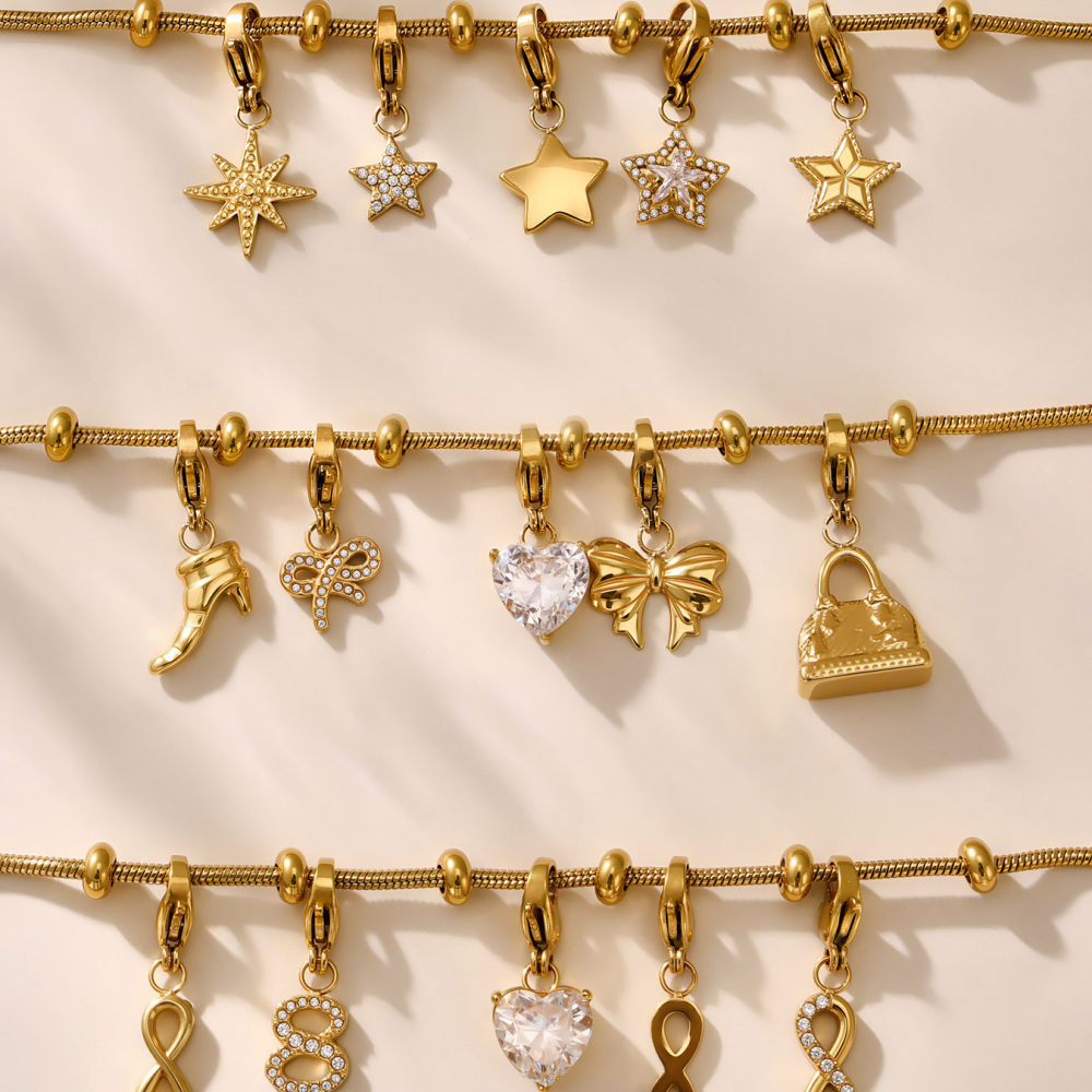 Full Drill 5A Zircon Heart Shaped Butterfly Knot High Heel Shoe Charms Stainless Steel 18K Gold Plated DIY Bracelet Accessories