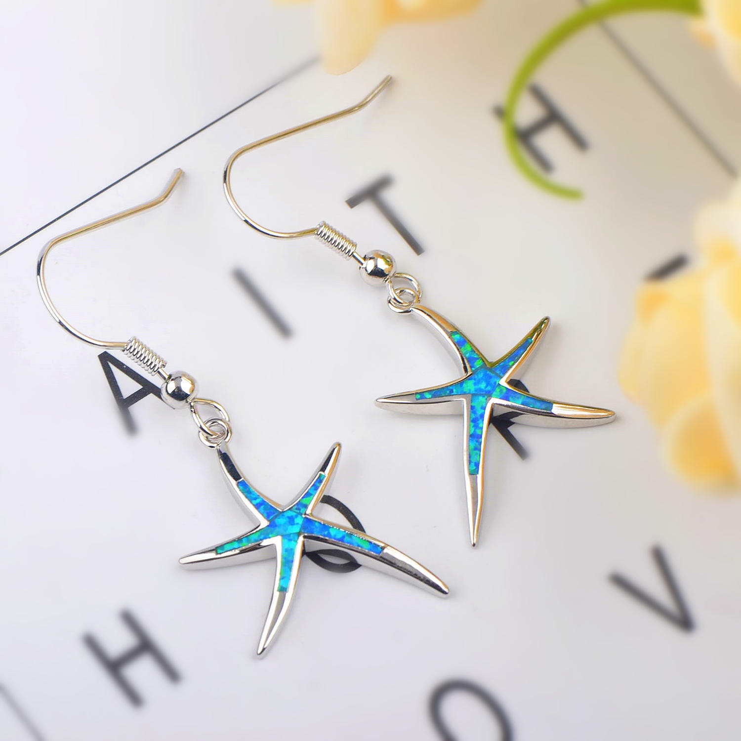 Blue Starfish Opal Hoops Women's Earrings Summer Vacation Style Geometric Pattern Copper Jewelry Accessories