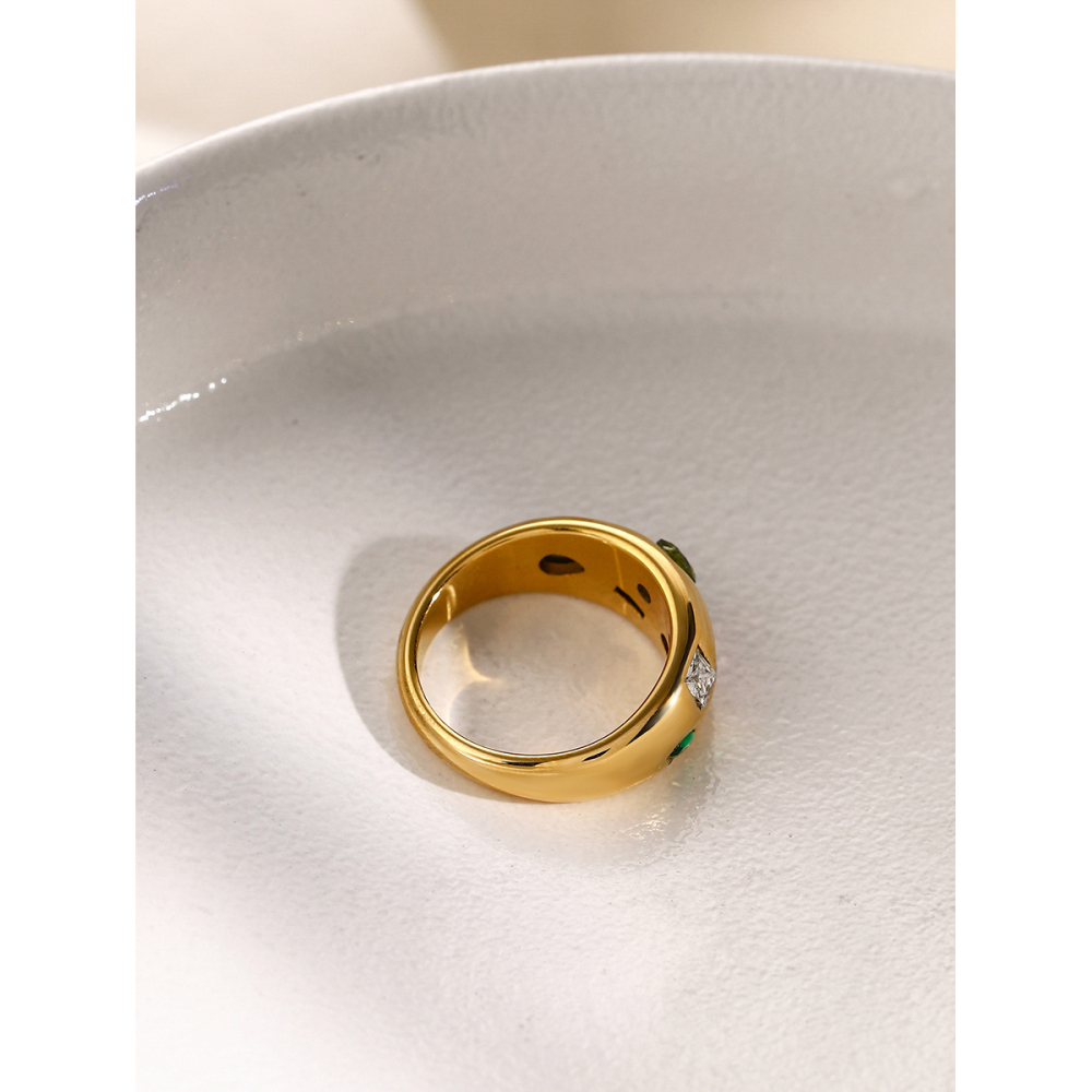 Real Gold Plated 304 Stainless Steel PVD Coated Zircon Color Block Waterproof Non Tarnish Plating Inlay Simple Style Classic Style Rings For Women's