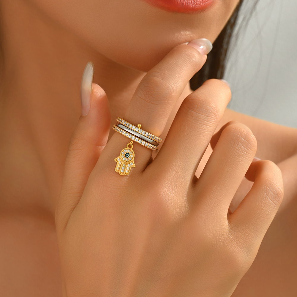 11 Pieces Copper Inlaid Zircon  Style Exquisite Fashion Daily Casual Multi-layer Ring Stacking Fatima's Hand Pendant Men Women Ring Party Holiday Banquet Jewelry Accessories