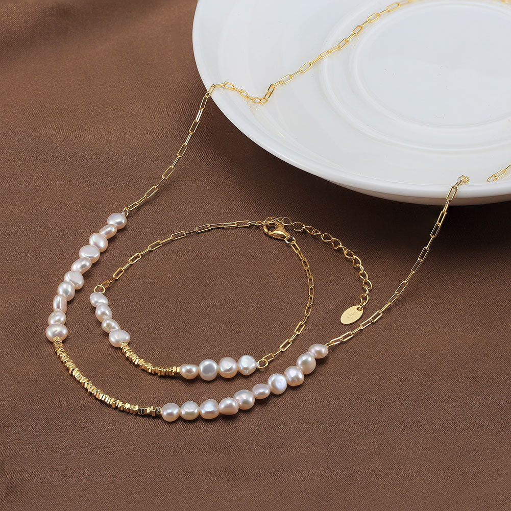 Freshwater Pearl Sterling Silver Geometric Plated Freshwater Pearl Chain Elegant Simple Style Classic Style Plating Bracelets