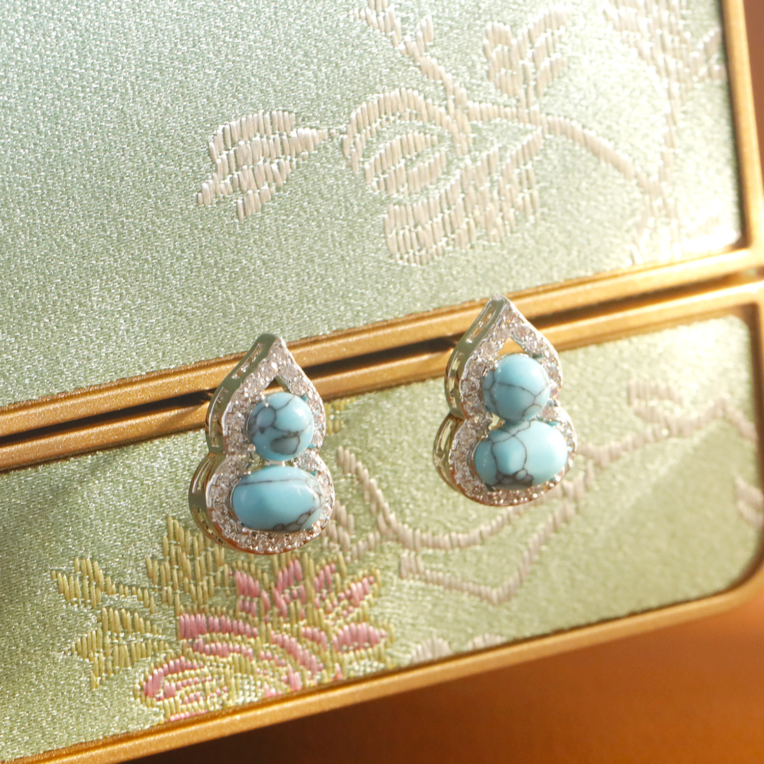 New Chinese Style Green Turquoise Gourd Earrings Bohemian Print Copper Jewelry 925 Silver Post Unique Design Women's Fashion