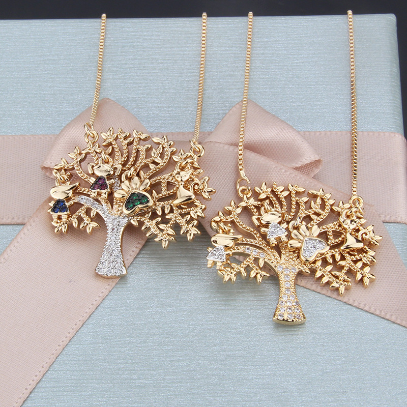 New Fashion Champagne Gold Big Tree Pendant Copper Micro Inlay Zircon Tree Necklace Wholesale
