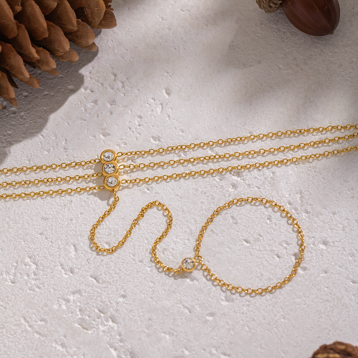 Minimalist Chain Inlaid Zircon Finger Chain Bracelet High-Grade 304 Stainless Steel Jewelry Accessories Non-Fading Women's Geometric Handmade Chain Plated With 18K Real Gold Vacuum Electroplating (Fired In Furnace)