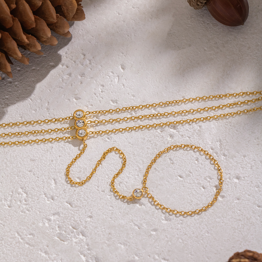 Minimalist Chain Inlaid Zircon Finger Chain Bracelet High-Grade 304 Stainless Steel Jewelry Accessories Non-Fading Women's Geometric Handmade Chain Plated With 18K Real Gold Vacuum Electroplating (Fired In Furnace)