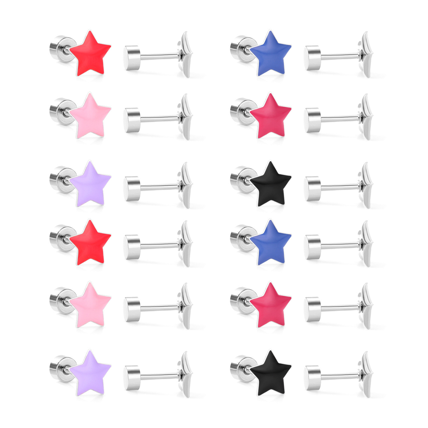 Stainless Steel Screw Back Earrings For Women Sweet Heart-shaped Star Moon Stud Earrings Fashion Bohemian Floral Print Jewelry Accessories