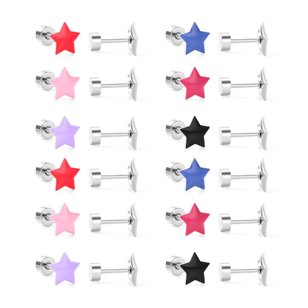 Stainless Steel Screw Back Earrings For Women Sweet Heart-shaped Star Moon Stud Earrings Fashion Bohemian Floral Print Jewelry Accessories