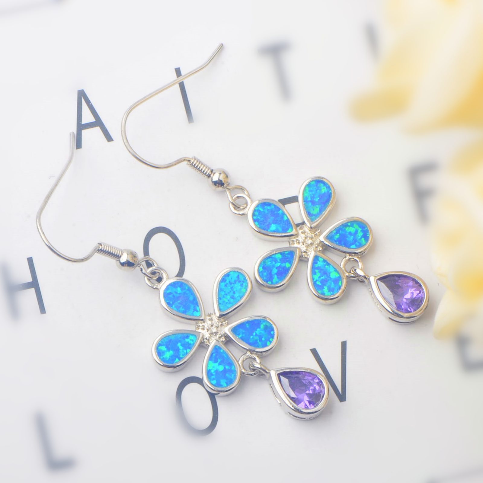 European Style Opal Flower Waterdrop Earrings Simple Design Tea Flower Craft Copper Material Jewelry Accessories