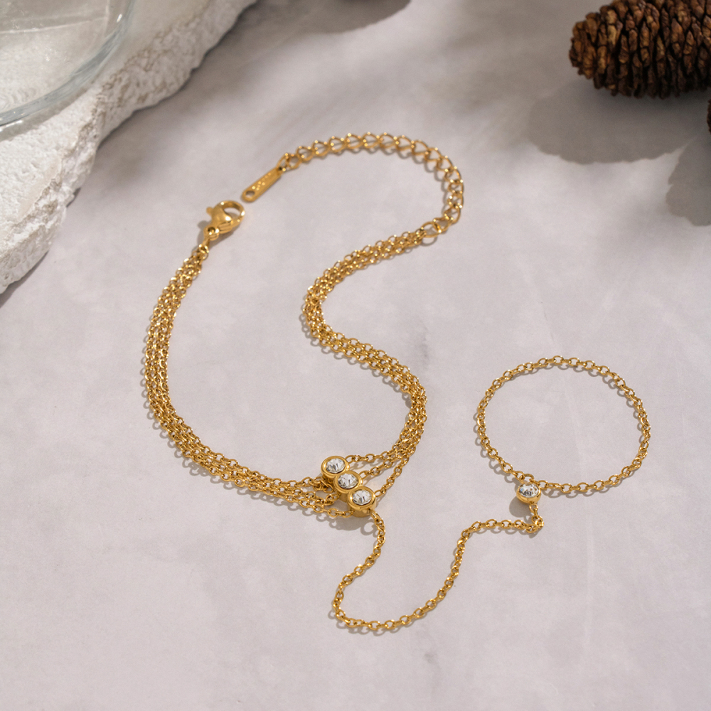 Minimalist Chain Inlaid Zircon Finger Chain Bracelet High-Grade 304 Stainless Steel Jewelry Accessories Non-Fading Women's Geometric Handmade Chain Plated With 18K Real Gold Vacuum Electroplating (Fired In Furnace)