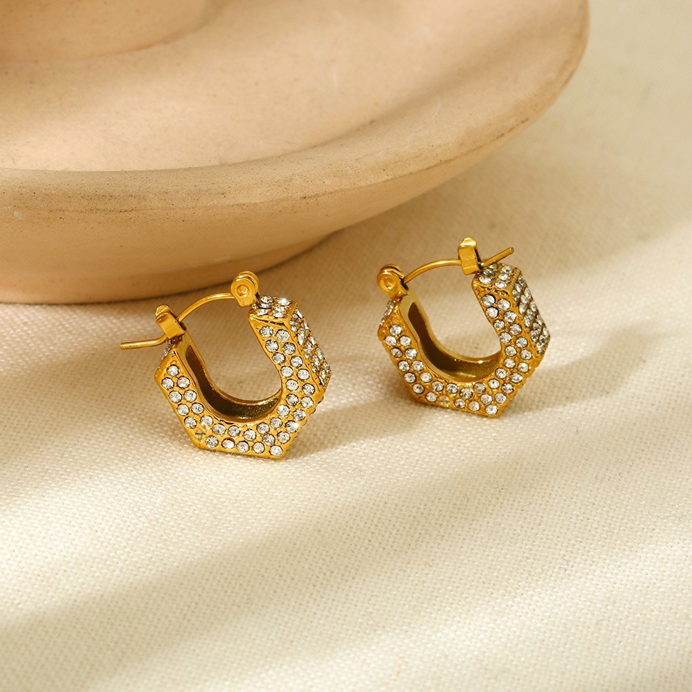 Geometric Stainless Steel Earrings Gold Plated Waterproof Design Women's Jewelry Accessories With Inlaid Diamonds
