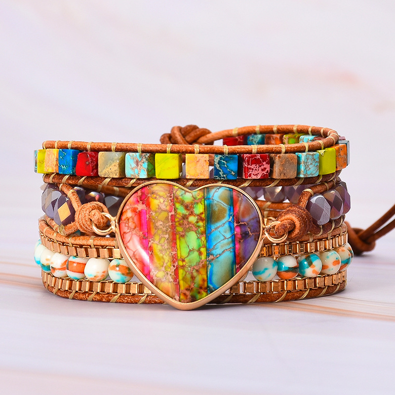 Romantic 7-Color Emperor Stone Leather Wrapped Bracelet Mixed Stones Heart Shape 3-Way Wound Classic Bohemian Style Jewelry
